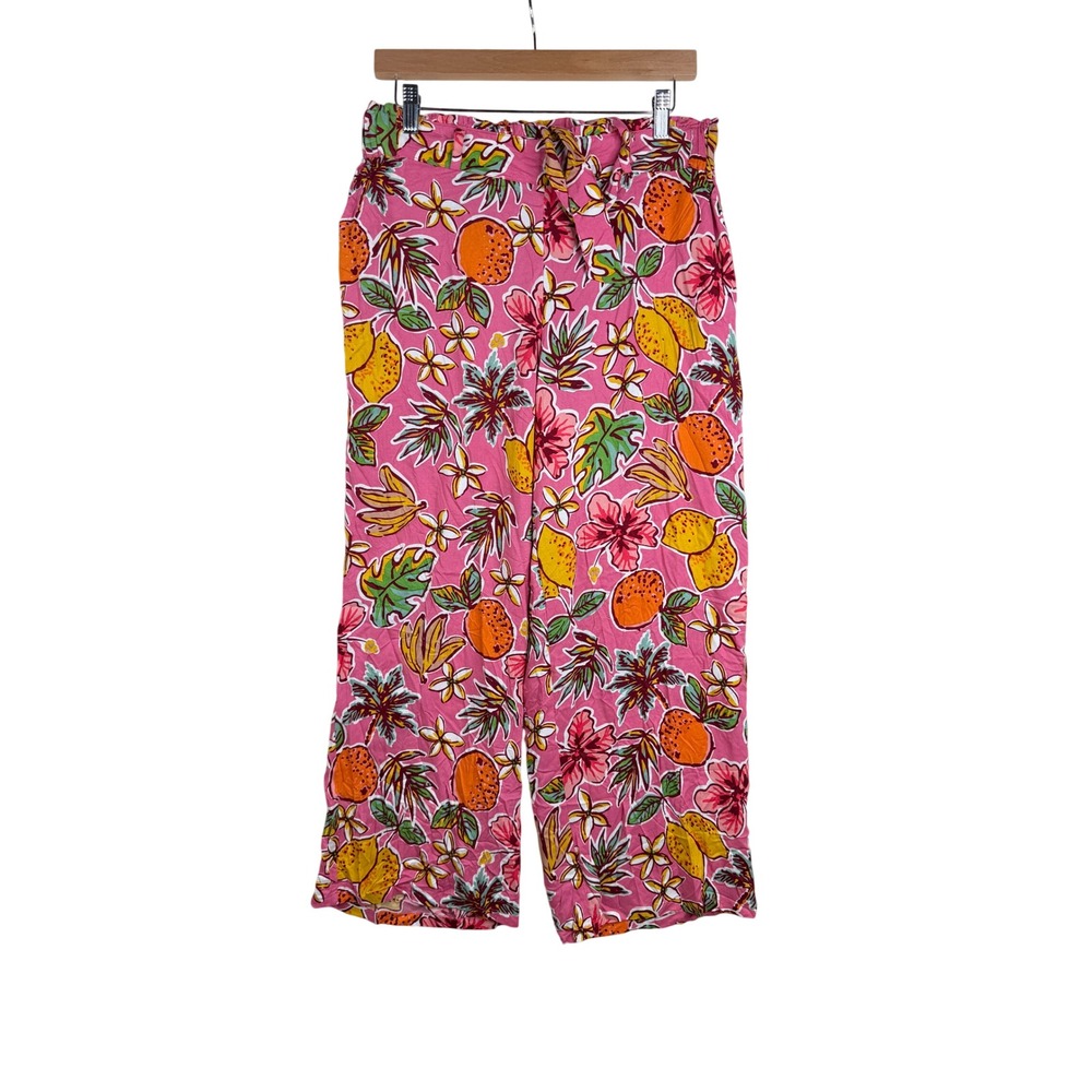 NWT Dash Womens Floral Fruit Printed Paperbag Wide Leg Pants Size XL Pink
